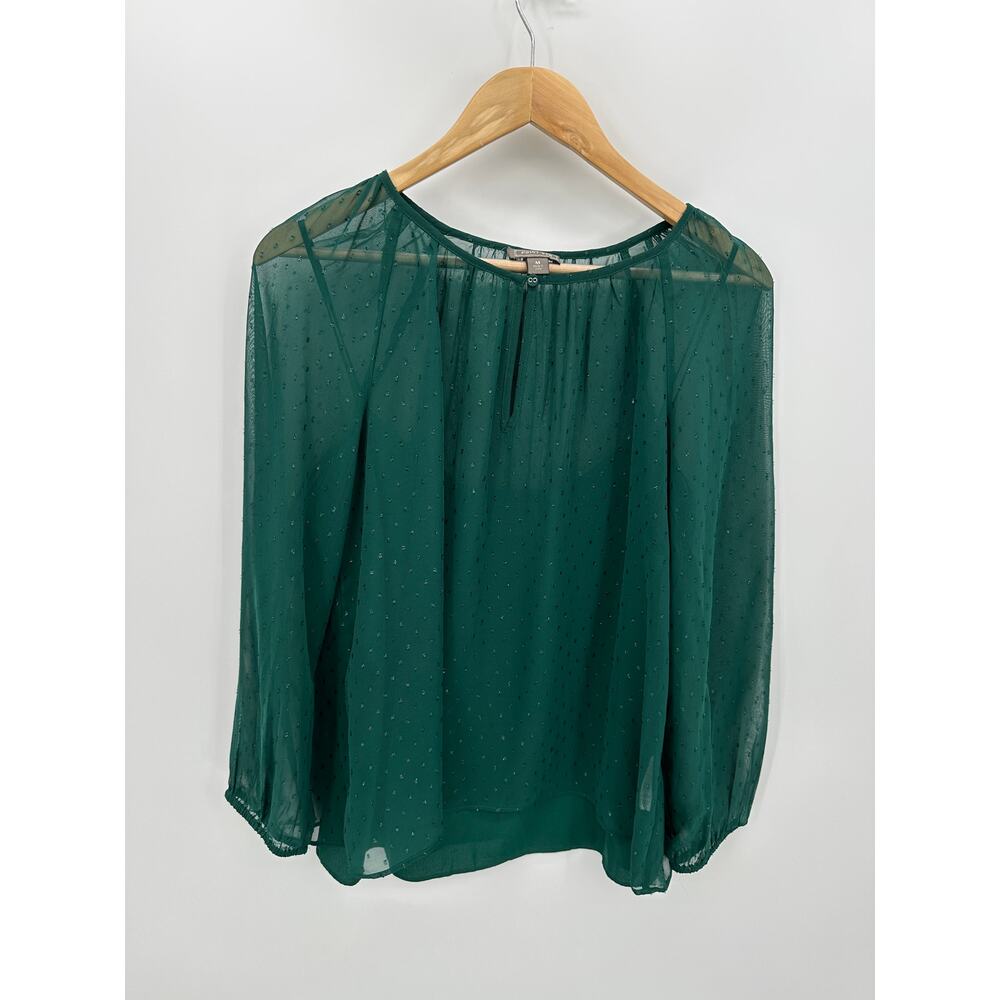 Point Sur Womens Blouse Green Sheer Long Sleeve Shimmer Keyhole Top Size Medium